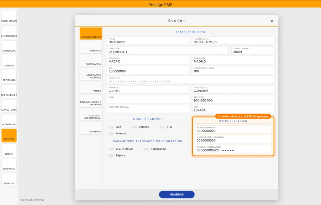 Configuración de la conexión con SES.Hospedajes en Prestige PMS