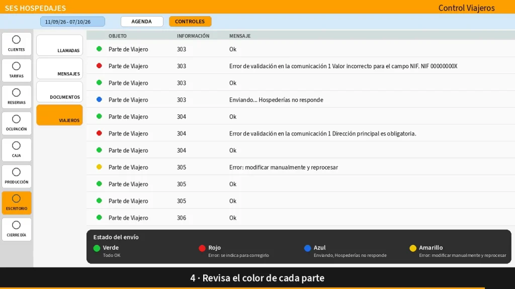 Estado de los partes de viajeros enviados a SES.Hospedajes en Prestige PMS